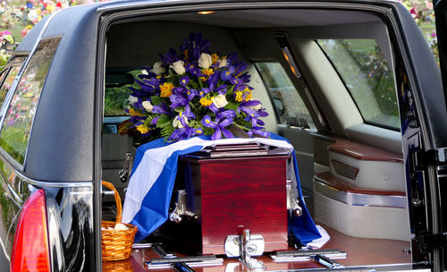 View of coffin in car