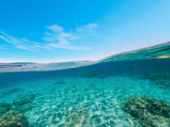 Scenic view of sea against blue sky