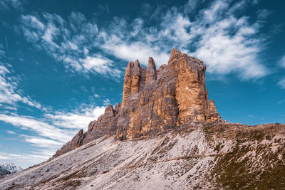 Low angle view of rock formation against sky