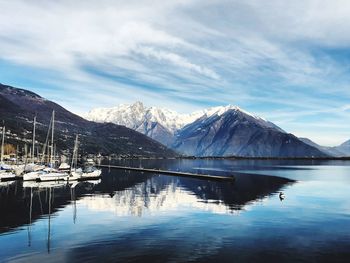 Scenic view of lake by mountains against sky