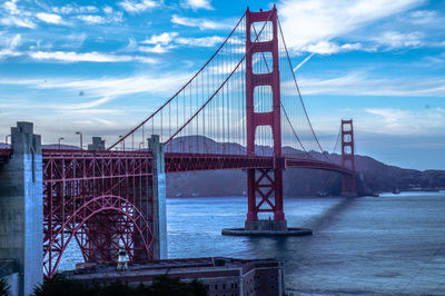 Golden gate bridge over river against cloudy sky