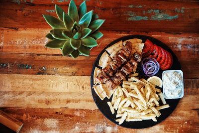 High angle view of breakfast served on table