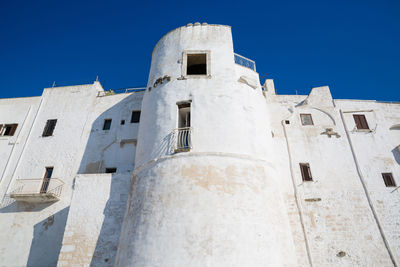 Low angle view of old building against clear blue sky