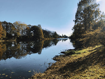 Reflection of trees in lake against sky