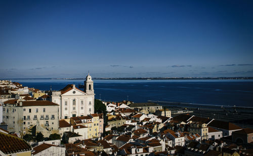 High angle view of houses in sea