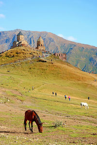 Tsminda sameba or gergeti trinity church, a popular tourist destination in kazbegi, georgia