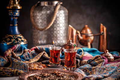 Close-up of decorations on table