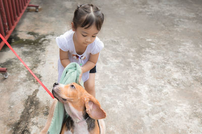 High angle view of girl looking down