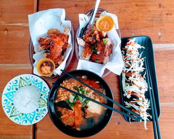 High angle view of food served on table