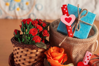 Close-up of gifts on table