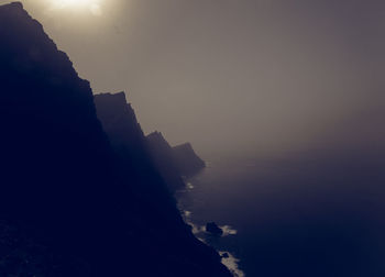 Silhouette rock formations by sea against sky