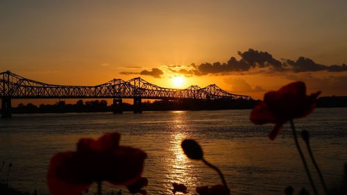 Silhouette of suspension bridge over river during sunset