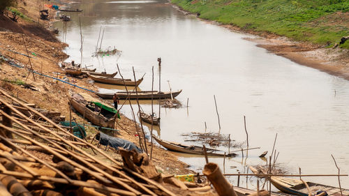 High angle view of boats moored in river