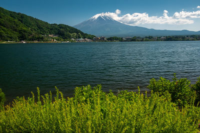 Scenic view of lake and mountains against sky