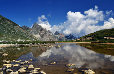 Scenic view of lake and mountains against sky