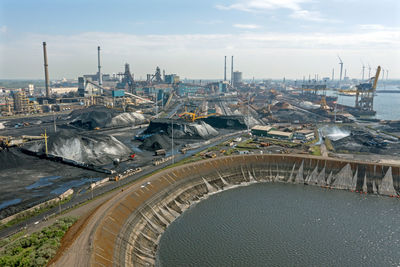 Aerial from heavy industry at ijmuiden ath the north sea canal in the netherlands