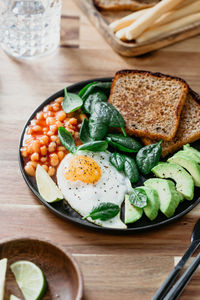 Close-up of breakfast served on table