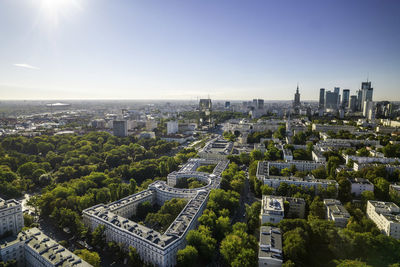 Beautiful panoramic drone view of the centre of modern warsaw with silhouettes of skyscrapers. 