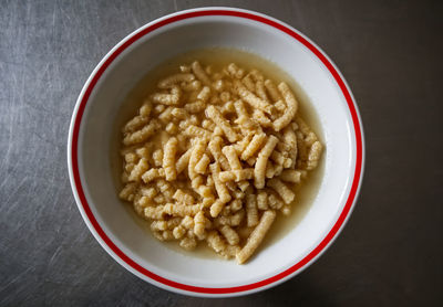 High angle view of pasta in bowl on table
