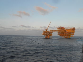 Cranes in sea against sky