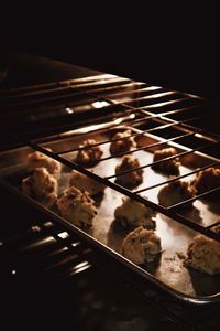 High angle view of food on barbecue grill