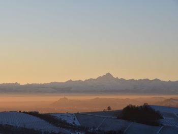 Scenic view of landscape against clear sky during sunset