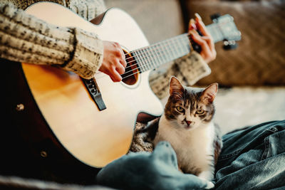 Midsection of woman playing guitar by cat