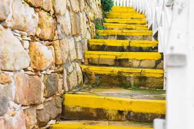 Close-up of yellow wall by building
