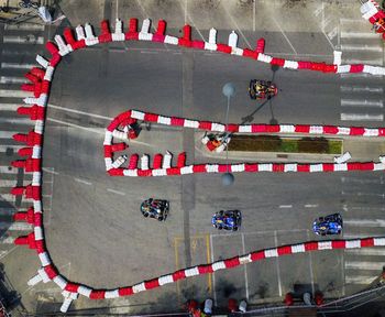 High angle view of people on road