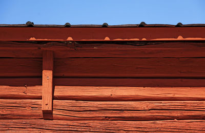 Detail of old beautiful red wooden house with blue sky