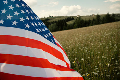 Low angle view of american flag against sky