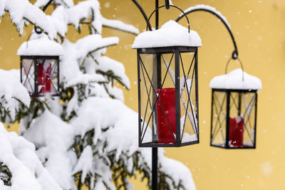 Close-up of snow covered hanging outdoors