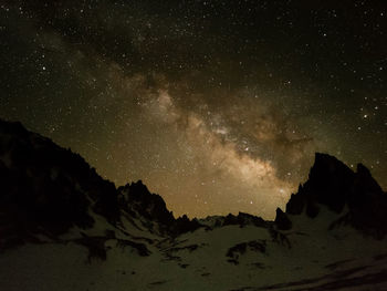 Scenic view of mountains against sky at night