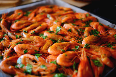 High angle view of seafood on barbecue grill