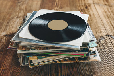 Stack of vinyl records. listening to music from record. playing music from analog disk. vintage