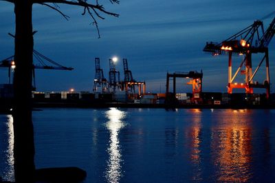 View of harbor at night