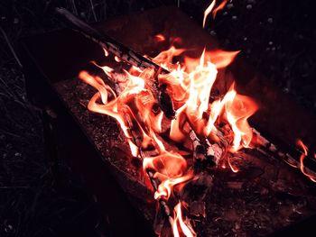 High angle view of fire in the dark