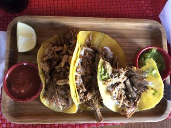 High angle view of food in plate