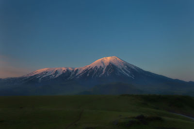 Scenic view of snowcapped mountains against blue sky