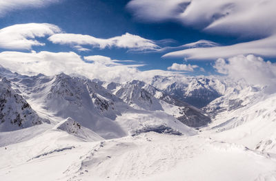 Scenic view of snowcapped mountains against sky