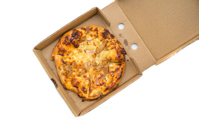 High angle view of pizza in box