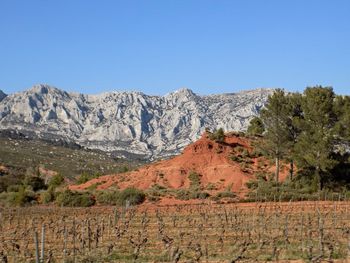 Scenic view of mountains against clear blue sky