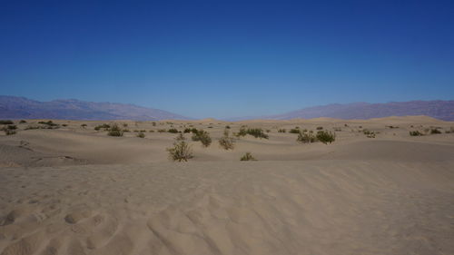 Scenic view of desert against clear blue sky