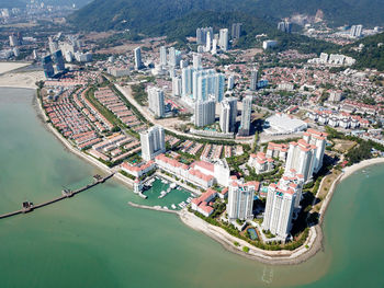 High angle view of swimming pool in city