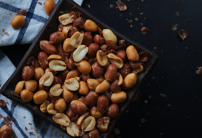 High angle view of roasted coffee beans on table