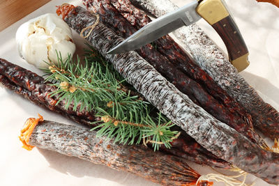 High angle view of food on cutting board