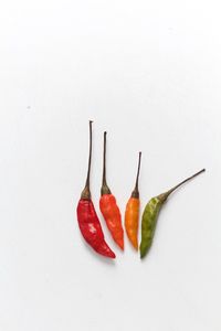 Close-up of chili peppers against white background