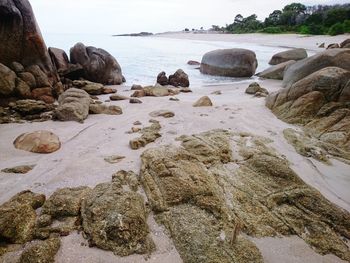 Rocks on beach against sky