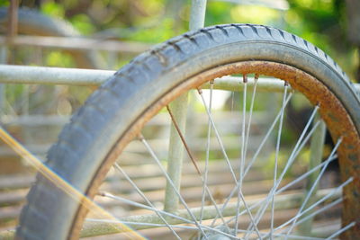 Close-up of rusty bicycle wheel