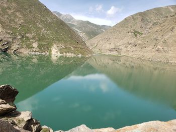 Scenic view of lake and mountains against sky